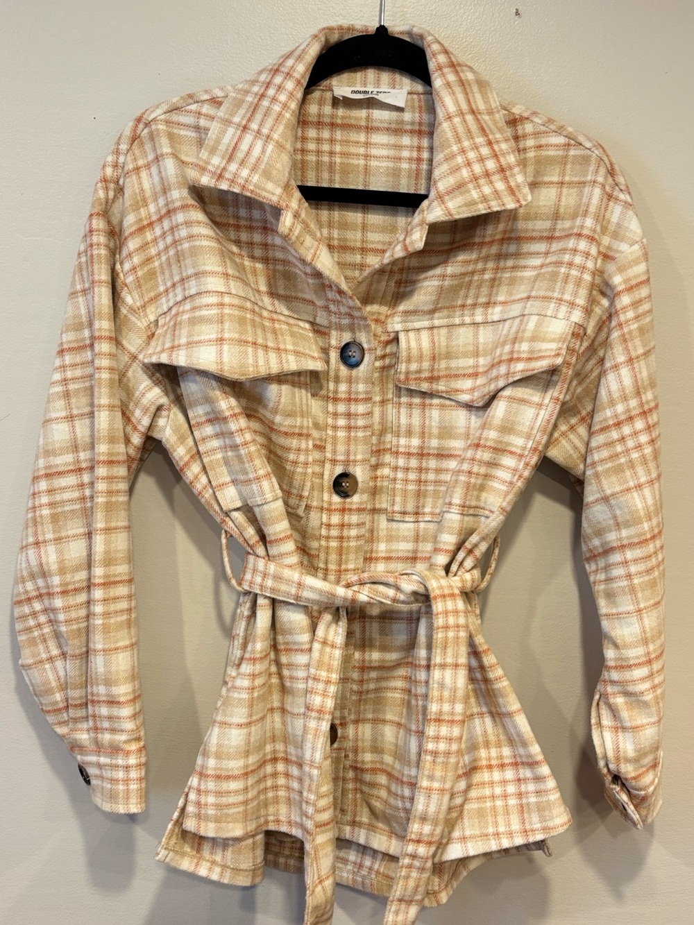 Double Zero Plaid Belted Shacket Tan Neutral Fall Jacket Women's Small
